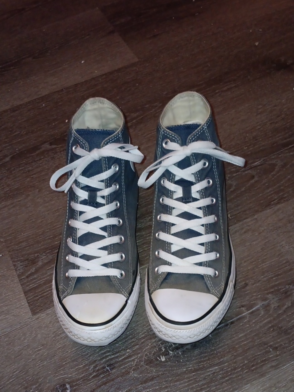 Converse All Star High-Top Athletic Sneakers in Gray with White Laces. Fair